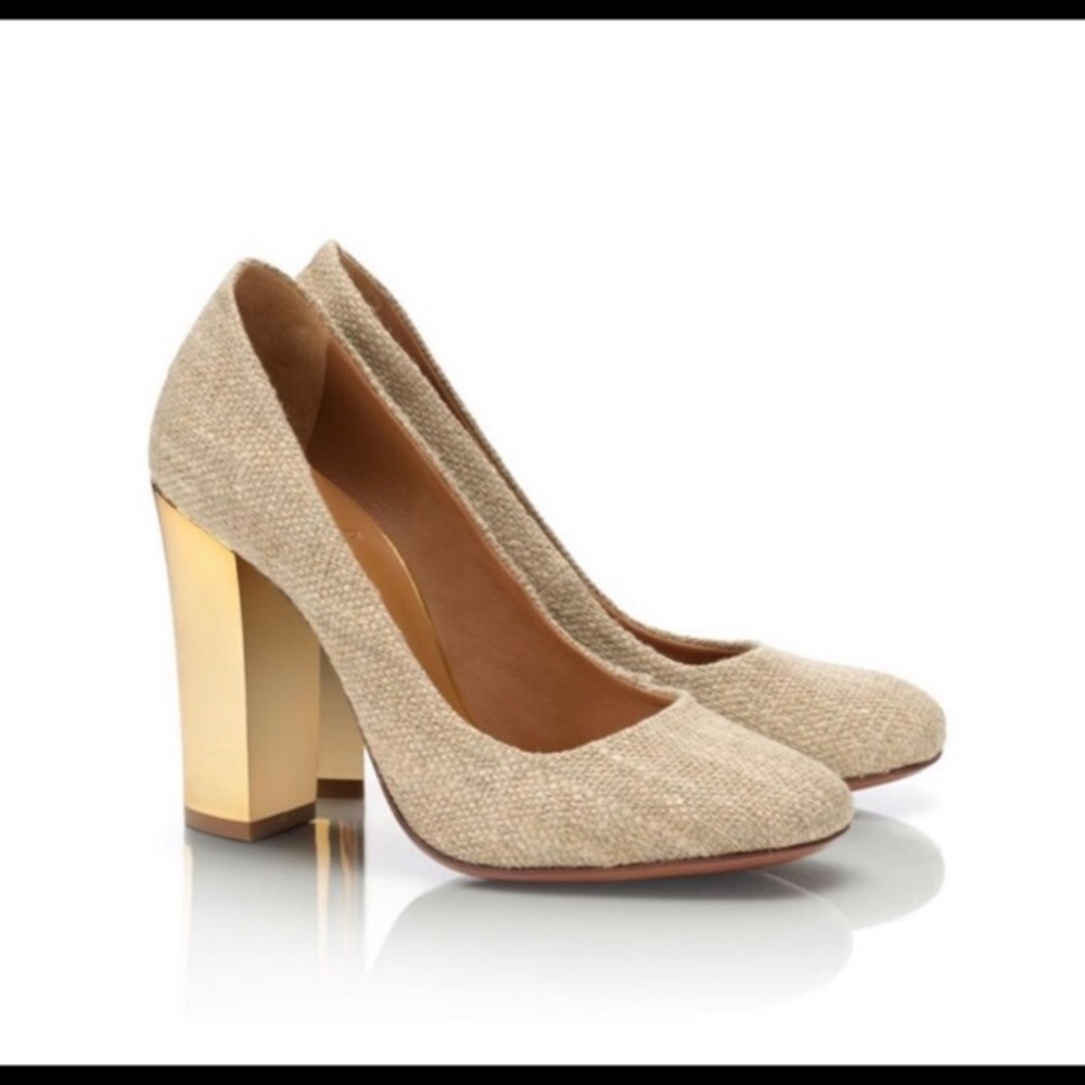 Tory Burch Madison burlap shoes with gold heel